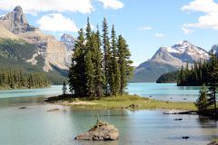 
Spirit Island In Maligne Lake With Mount Paul, Monkhead Mountain, Mount Mary Vaux Near Jasper
